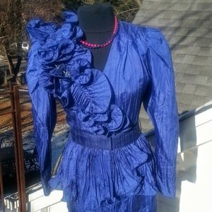Vintage Royal Blue Crinkle Taffeta Pencil Skirt Suit Large Ruffles Puffy Sleeves
